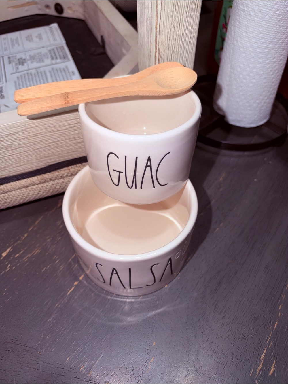 Rae Dunn Cream Ceramic GUAC & SALSA Dip Bowls with Wooden Spoons